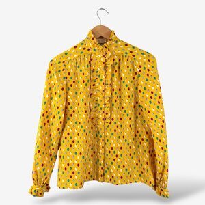 Vintage Yellow Silk Blouse Polka Dot High Neck Ruffle Trim Size 9 Designer Chic